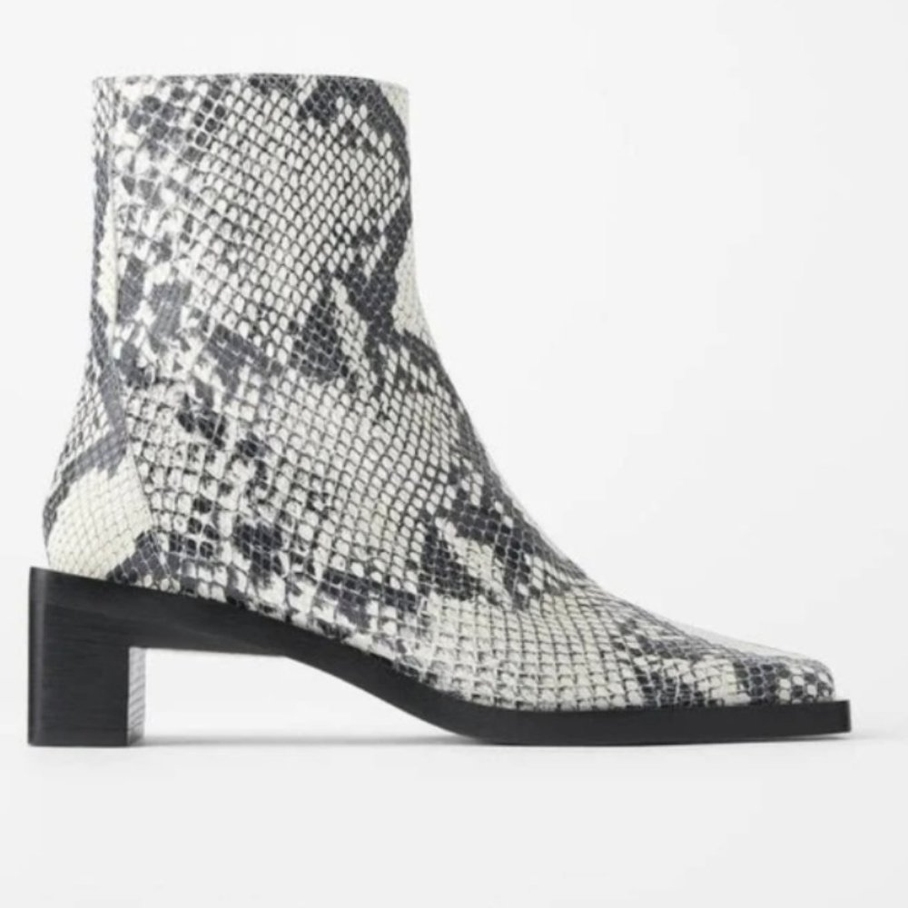 ZARA SQUARE TOE HIGH HEEL LEATHER ANKLE BOOTS NWT